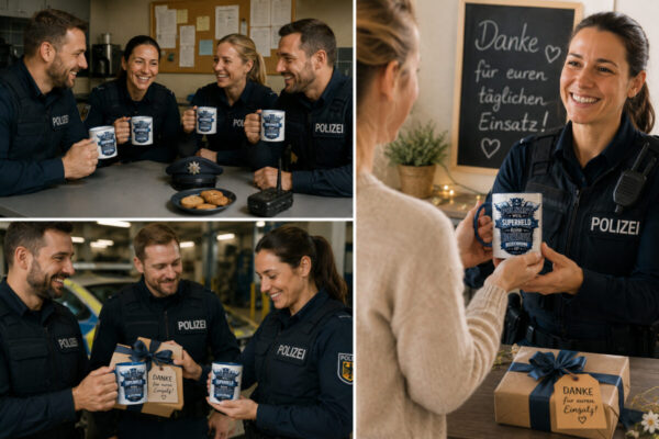 Mehrere Polizisten Trinken Gemeinsam Kaffee Aus Tassen Mit Polizei Motiv Im Pausenraum