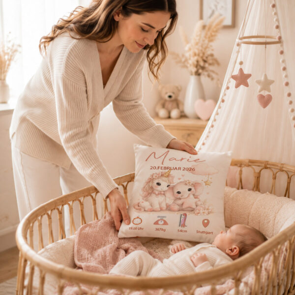 Personalisiertes Geburtskissen Mit Einhorn Und Elefant Wird Von Einer Mutter In Die Babywiege Gelegt Liebevolles Babygeschenk Zur Geburt Personalisiertes Geburtskissen Mit Einhorn Und Elefant Wird Von Einer Mutter In Die Babywiege Gelegt Liebevolles Babygeschenk Zur Geburt