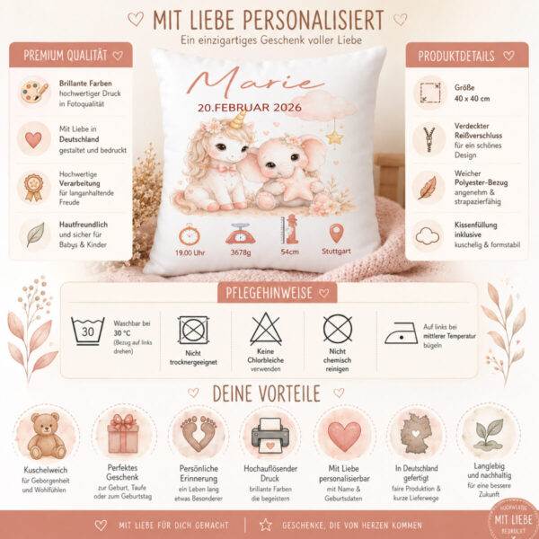 Personalisiertes Geburtskissen Mit Einhorn Und Elefant Zusammenfassung Personalisiertes Geburtskissen Mit Einhorn Und Elefant Zusammenfassung