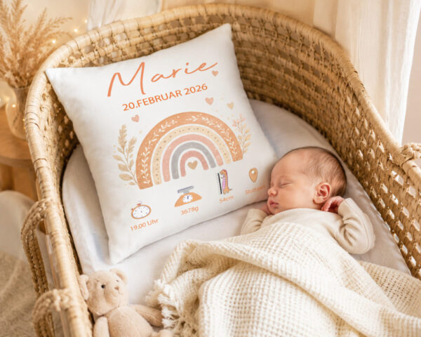 Personalisiertes Geburtskissen Mit Name Und Geburtsdaten Neben Schlafendem Baby In Einer Gemuetlichen Wiege – Liebevolles Geschenk Zur Geburt Und Dekoration Fuers Babyzimmer