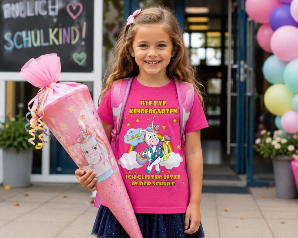 Personalisiertes Schulkind T Shirt Fuer Maedchen Mit Einhorn Schultuete Und Wunschname Zur Einschulung_Bye Bye Kindergarten Ich Glitzer Maedchen1