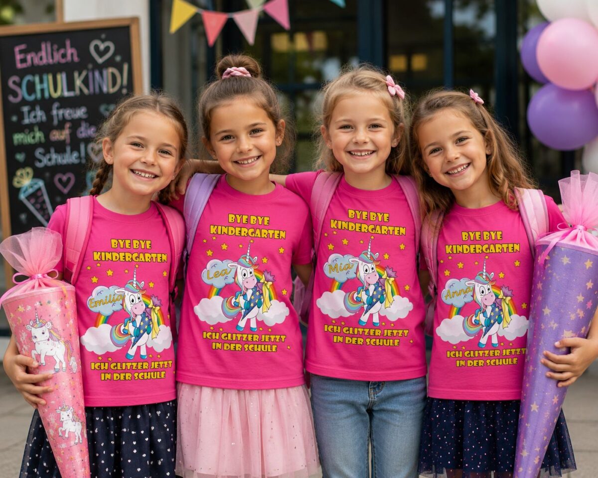 Personalisiertes Schulkind T Shirt Fuer Maedchen Mit Einhorn Schultuete Und Wunschname Zur Einschulung_Bye Bye Kindergarten Ich Glitzer Maedchen2
