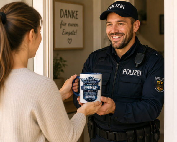 Polizist Erhaelt Eine Tasse Als Dankeschoen Geschenk Fuer Seinen Taeglichen Einsatz