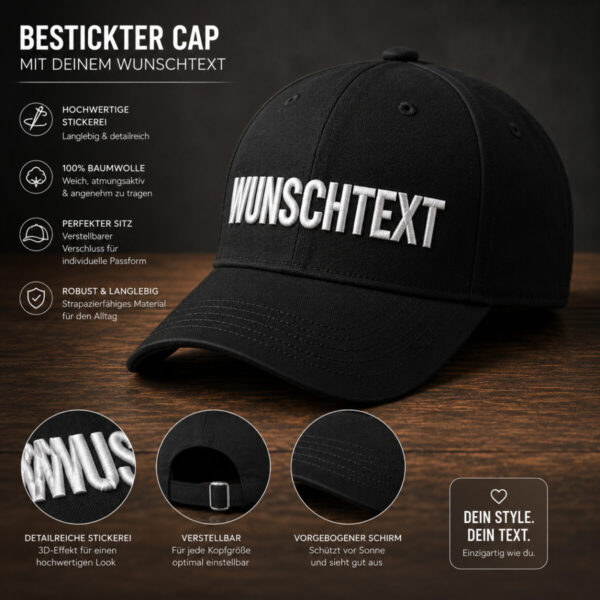 Produktgrafik Einer Schwarzen Wunschtext Cap Mit Informationen Zur Stickerei Und Ausstattung