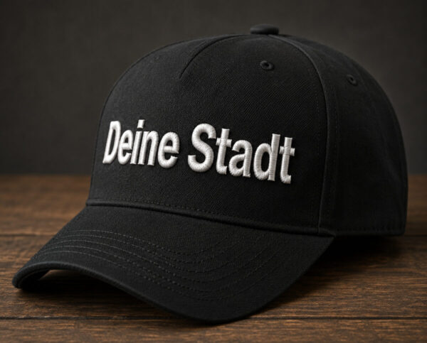 Schwarze Baseball Cap Mit Hochwertiger Weisser Wunschtext Stickerei