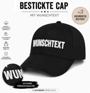 Schwarze Baseball Cap Mit Hochwertiger Weisser Wunschtext Stickerei1