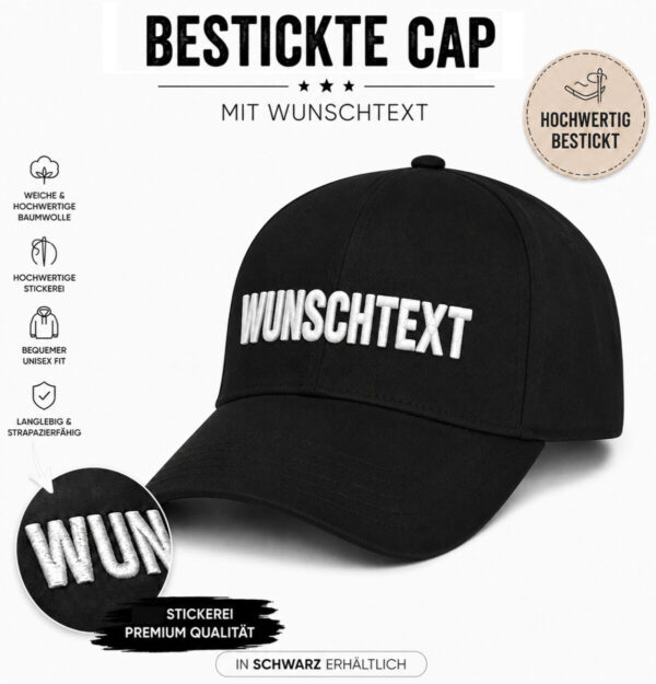 Schwarze Baseball Cap Mit Hochwertiger Weisser Wunschtext Stickerei1