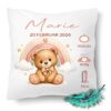 Personalisiertes Geburtskissen mit Teddy und Regenbogen – individuell bedruckt mit Name und Geburtsdaten als Geschenk zur Geburt