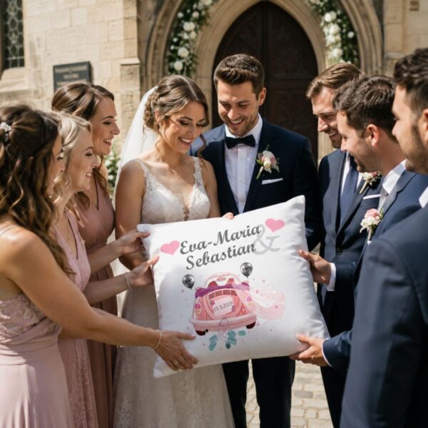 Brautpaar Mit Schoenem Geschenk Kissen Personalisiert Vor Der Kirche