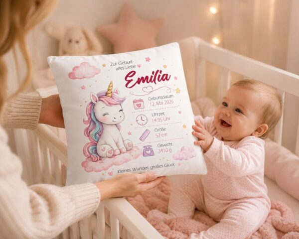 Geburtskissen Maedchen Mit Einem Einhorn Und Geburtsdaten In Einem Kinderbettchen Und Baby