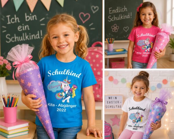 Maedchen Mit Schultueten Vor Tfel Im Klassenzimmer Einschulung Wunderschoene Tshirts Kita Abgaenger Einhorn