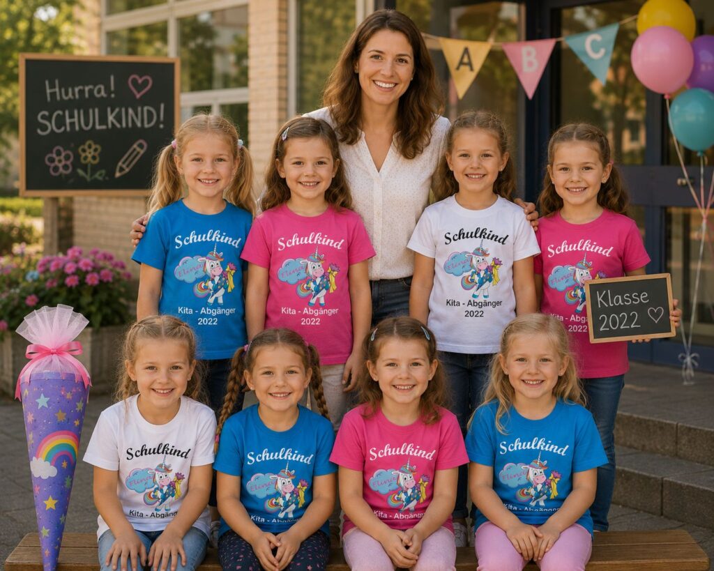Maedcheneinschulung Mit Leherer Vor Schulhaus Mit Schoenem Tshirt Kita Abgaenger Schulkind