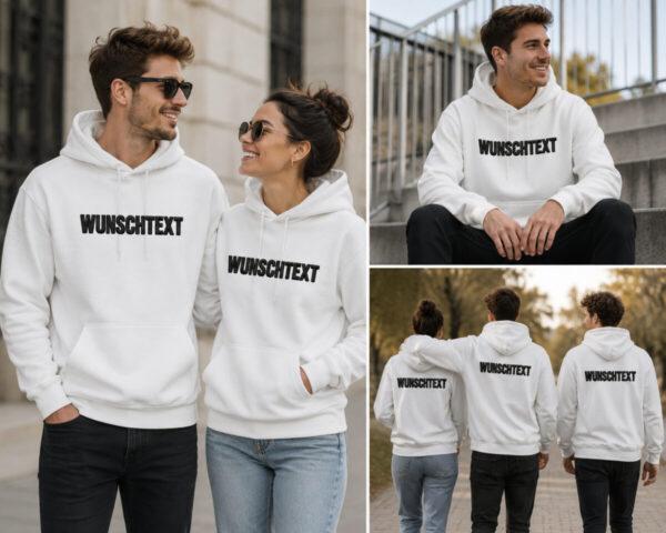 Maenner Und Frauen In Einem Schoener Kapuzen Hoodie In Weiss Mit Deinem Wunschtext Bestickt