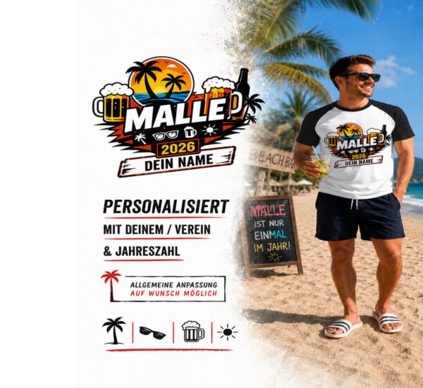 Malle Tour T Shirt Junger Mann Am Strand Mit Daten Zum Produkt Schwarz