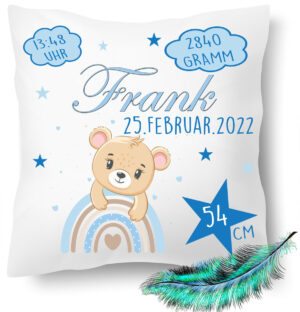 Personalisiertes Geburtskissen Mit Teddy Fuer Jungs In Blau