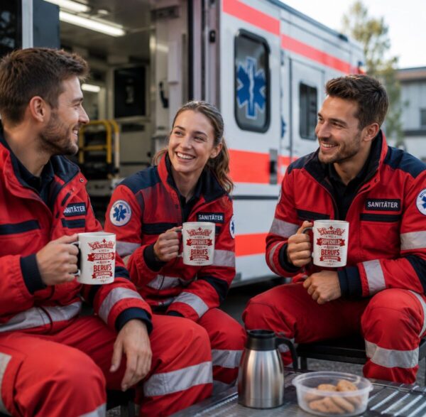 Sanitaeter Trinken Kaffee In Der Pause Von Einer Schoenen Tasse Mit Dankendem Spruch