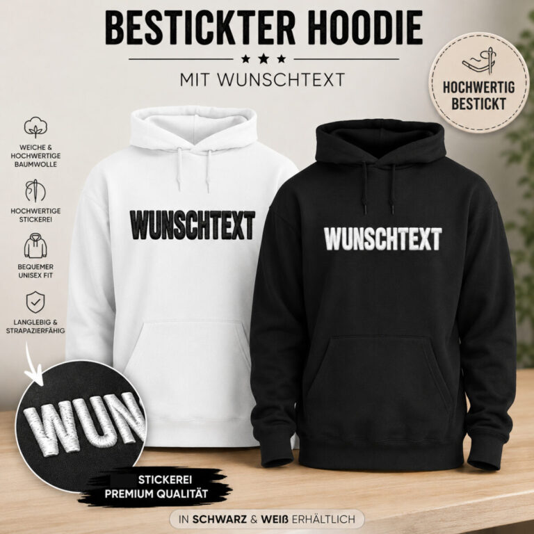 Schoener Kapuzen Hoodie In Schearz Und Weiss Mit Deinem Wunschtext Bestickt