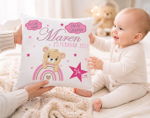 Schoenes Geburtskissen Teddy Fuer Maedchen Mit Baby