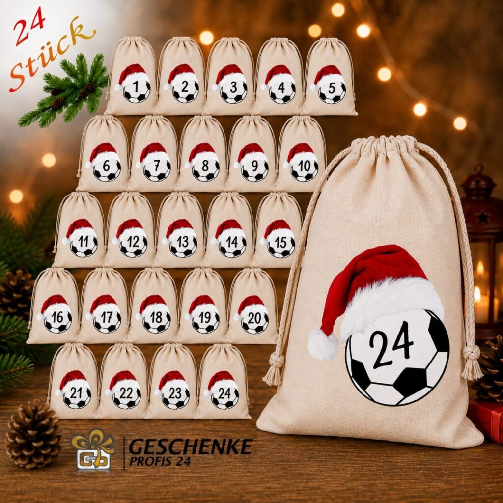 Adventskalender Mit 24 Baumwoll Saeckchen Und Fussballmotiv Im Weihnachtsmannhut Zum Selbstbefuellen1