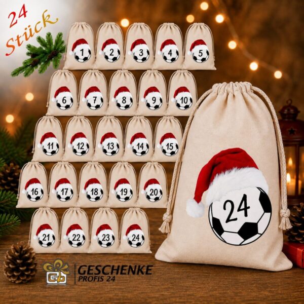 Adventskalender Mit 24 Baumwoll Saeckchen Und Fussballmotiv Im Weihnachtsmannhut Zum Selbstbefuellen1