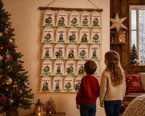 Adventskalender Mit 24 Baumwollsaeckchen Zum Befuellen Auf Festlicher Weihnachtskulisse. Lustige Monste Motive Mit Weihnachtsmuetze Und Humorvollen Spruechen An Der Wand