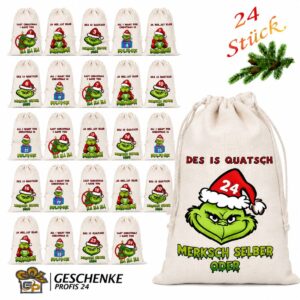 Adventskalender Mit 24 Baumwollsaeckchen Zum Befuellen Auf Festlicher WeihnachtskulisseLustige Monste Motive Mit Weihnachtsmuetze Und Humorvollen Spruechen Nachhaltiger Adventskalender Fuer Kind