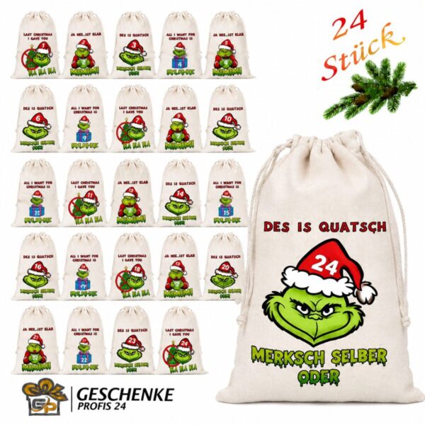 Adventskalender Mit 24 Baumwollsaeckchen Zum Befuellen Auf Festlicher WeihnachtskulisseLustige Monste Motive Mit Weihnachtsmuetze Und Humorvollen Spruechen Nachhaltiger Adventskalender Fuer Kind