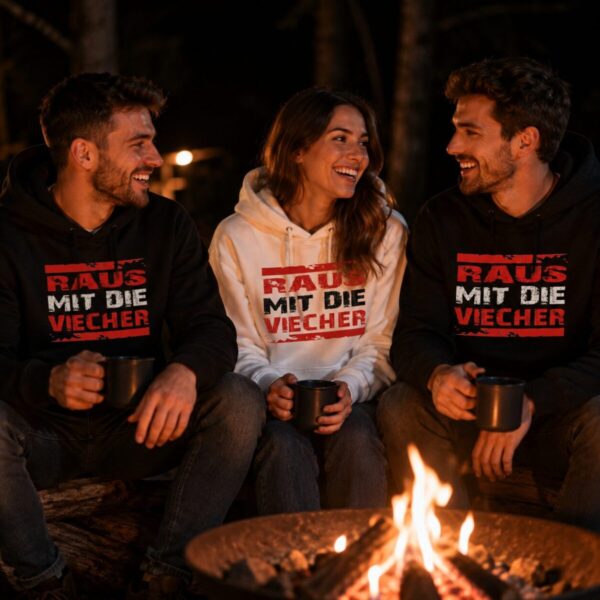 Drei Freunde Tragen Den Lustigen Raus Mit Die Viecher Camping Hoodie Am Lagerfeuer Bei Nacht – Warmer Kapuzenpullover Fuer Damen Und Herren Beim Camping