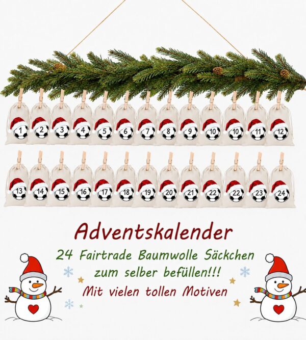 Fussball Adventskalender Mit 24 Nummerierten Baumwoll Saeckchen In Weihnachtlicher Wohnatmosphaere