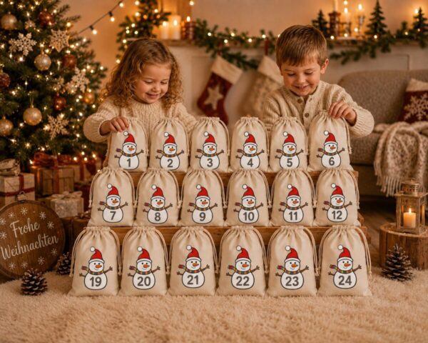 Kinder Schneemann Adventskalender Mit 24 Baumwoll Saeckchen Zum Befuellen. Wiederverwendbar Liebevoll Gestaltet Und Perfekt Fuer Kinder Erwachsene. Jetzt Entdecken