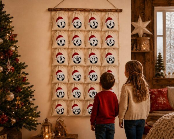 Kinder Entdecken Einen Fussball Adventskalender Mit 24 Baumwoll Saeckchen Und Nummerierten Fussbaellen