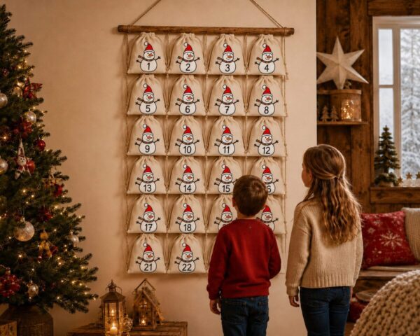 Kinder Mit Schneemann Adventskalender An Der Wand Mit 24 Baumwoll Saeckchen Zum Befuellen. Wiederverwendbar Liebevoll Gestaltet Und Perfekt Fuer Kinder Erwachsene. Jetzt Entdecken