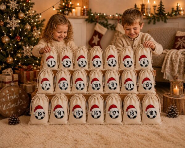 Kinder Oeffnen Fussball Adventskalender Mit 24 Baumwoll Saeckchen Zum Selbstbefuellen An Weihnachten
