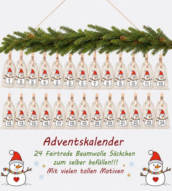 Zweig Schneemann Adventskalender Mit 24 Baumwoll Saeckchen Zum Befuellen. Wiederverwendbar Liebevoll Gestaltet Und Perfekt Fuer Kinder Erwachsene. Jetzt Entdecken