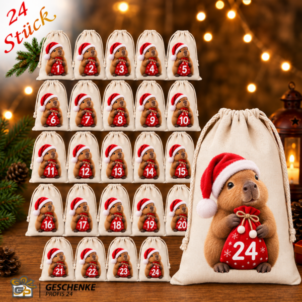 Adventskalender Mit 24 Baumwoll Saeckchen Und Capybara Im Weihnachtsmannhut Zum Selbstbefuellen1