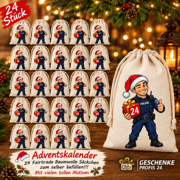 Adventskalender Mit 24 Baumwoll Saeckchen Und Polizist Mit Weihnachtsmannhut Zum Selbstbefuellen1
