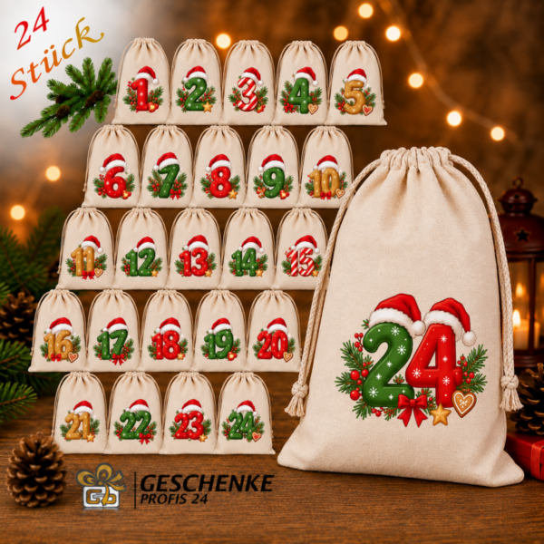 Adventskalender Mit 24 Baumwoll Saeckchen Und Zahlen Mit Zweigen Im Weihnachtsmannhut Zum Selbstbefuellen1