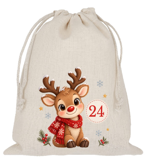 Baumwoll Saeckchen Mit Rentier Im Weihnachtsmannhut Und Zahl 24 Fuer Den Adventskalender