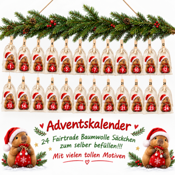 Capybara Adventskalender Mit 24 Nummerierten Baumwoll Saeckchen In Weihnachtlicher Wohnatmosphaere