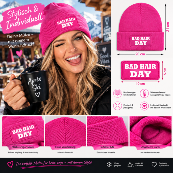 Beanies in verschiedenen Farben mit individuellem Druck Bad Hair Day Frau mit Mütze