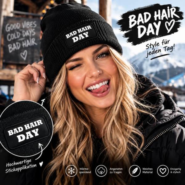 Beanies in verschiedenen Farben mit individuellem Druck Bad Hair Day Frau mit Mütze