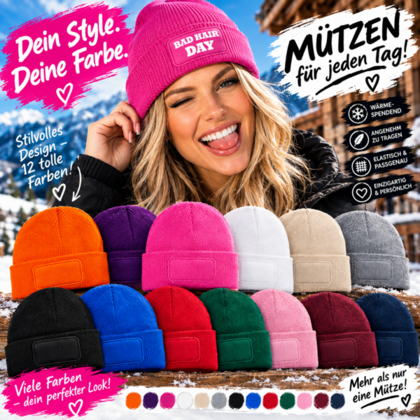 Unisex Wintermützen und Beanies in verschiedenen Farben mit individuellem Druck Bad Hair Day Frau mit Mütze
