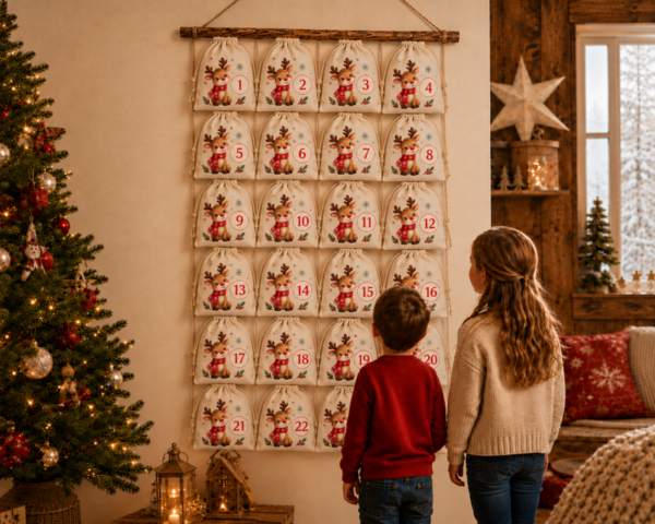 Kinder Entdecken Einen Rentier Adventskalender Mit 24 Baumwoll Saeckchen Und Nummerierten Beutel