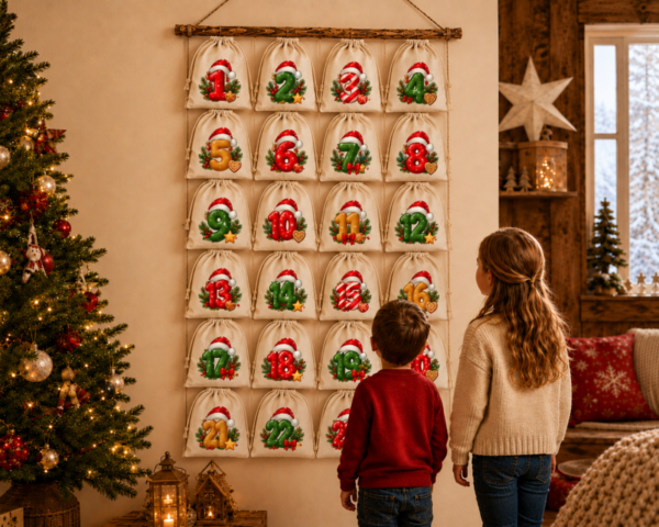 Kinder Entdecken Einen Zahlen Mit Zweigen Adventskalender Mit 24 Baumwoll Saeckchen Und Nummerierten Beutel