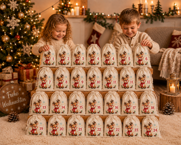 Kinder Oeffnen Rentier Adventskalender Mit 24 Baumwoll Saeckchen Zum Selbstbefuellen An Weihnachten