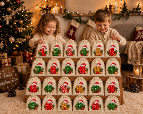 Kinder Oeffnen Zahlen Zweige Adventskalender Mit 24 Baumwoll Saeckchen Zum Selbstbefuellen An Weihnachten