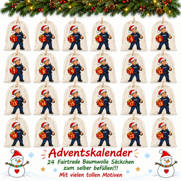 Polizist Adventskalender Mit 24 Nummerierten Baumwoll Saeckchen In Weihnachtlicher Wohnatmosphaere