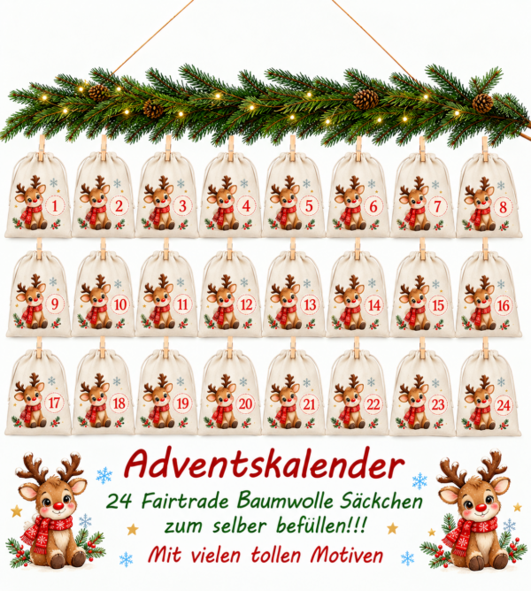 Rentier Adventskalender Mit 24 Nummerierten Baumwoll Saeckchen In Weihnachtlicher Wohnatmosphaere
