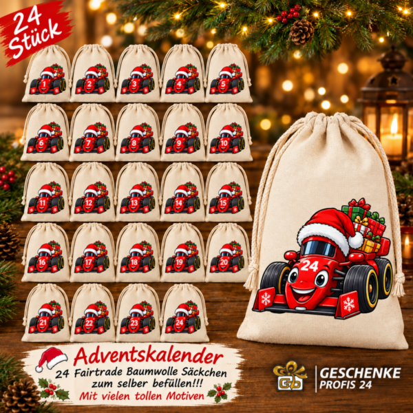 Adventskalender Mit 24 Baumwoll Saeckchen Und Rennwagen Mit Weihnachtsmannhut Zum Selbstbefuellen1