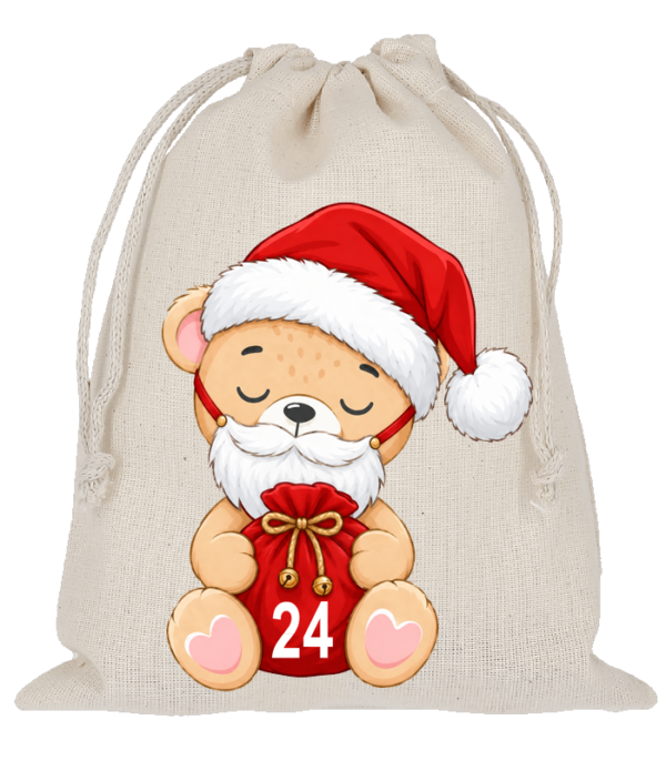 Baumwoll Saeckchen Teddy Mit Bart Im Weihnachtsmannhut Und Zahl 24 Fuer Den Adventskalender